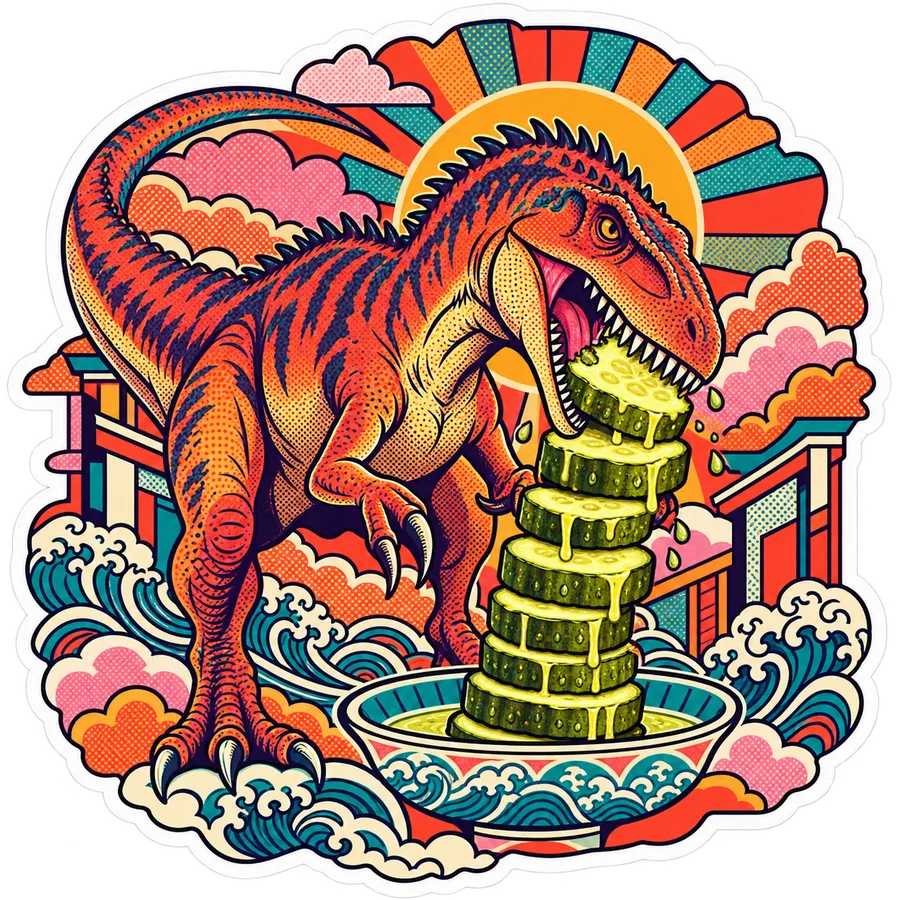 Carcharodontosaurus — Pickle coin tower dinosaur sticker, Kaiju Sunrise collection