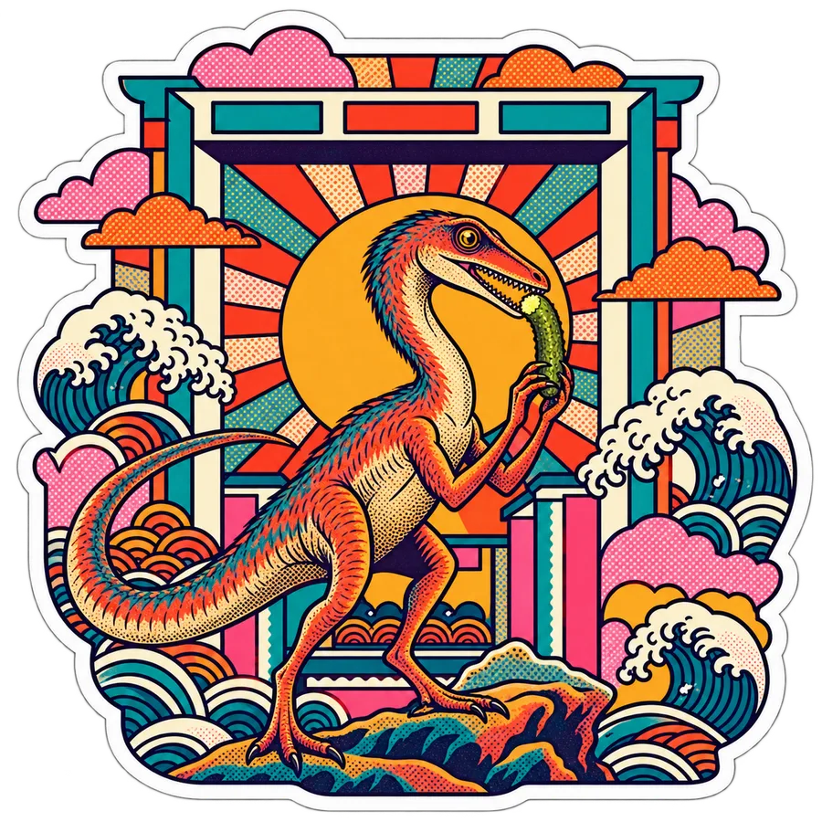 Coelophysis — Skinny cornichon dinosaur sticker, Kaiju Sunrise collection
