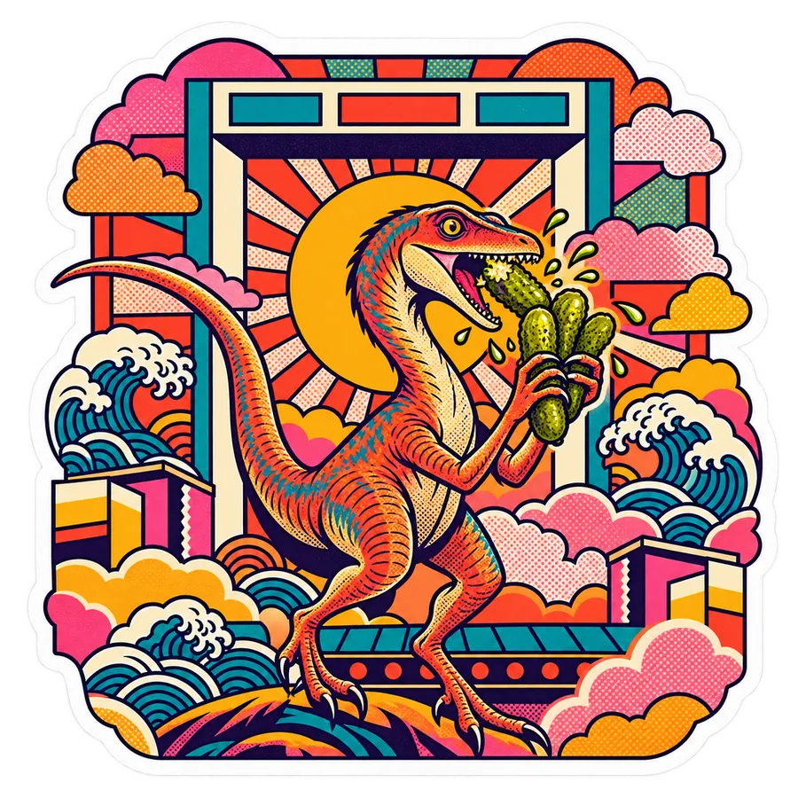 Compsognathus — Mini sweet gherkins dinosaur sticker, Kaiju Sunrise collection