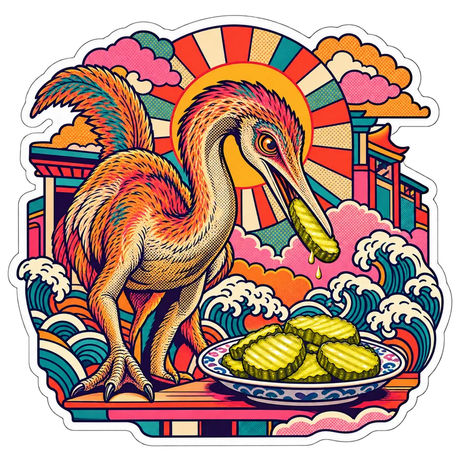 Gallimimus — Pickle sandwich slices dinosaur sticker, Kaiju Sunrise collection