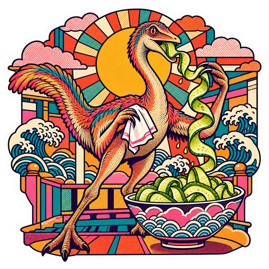 Ornithomimus — Pickle ribbons dinosaur sticker, Kaiju Sunrise collection
