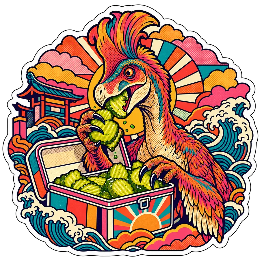Oviraptor — Pickle chips from lunchbox dinosaur sticker, Kaiju Sunrise collection