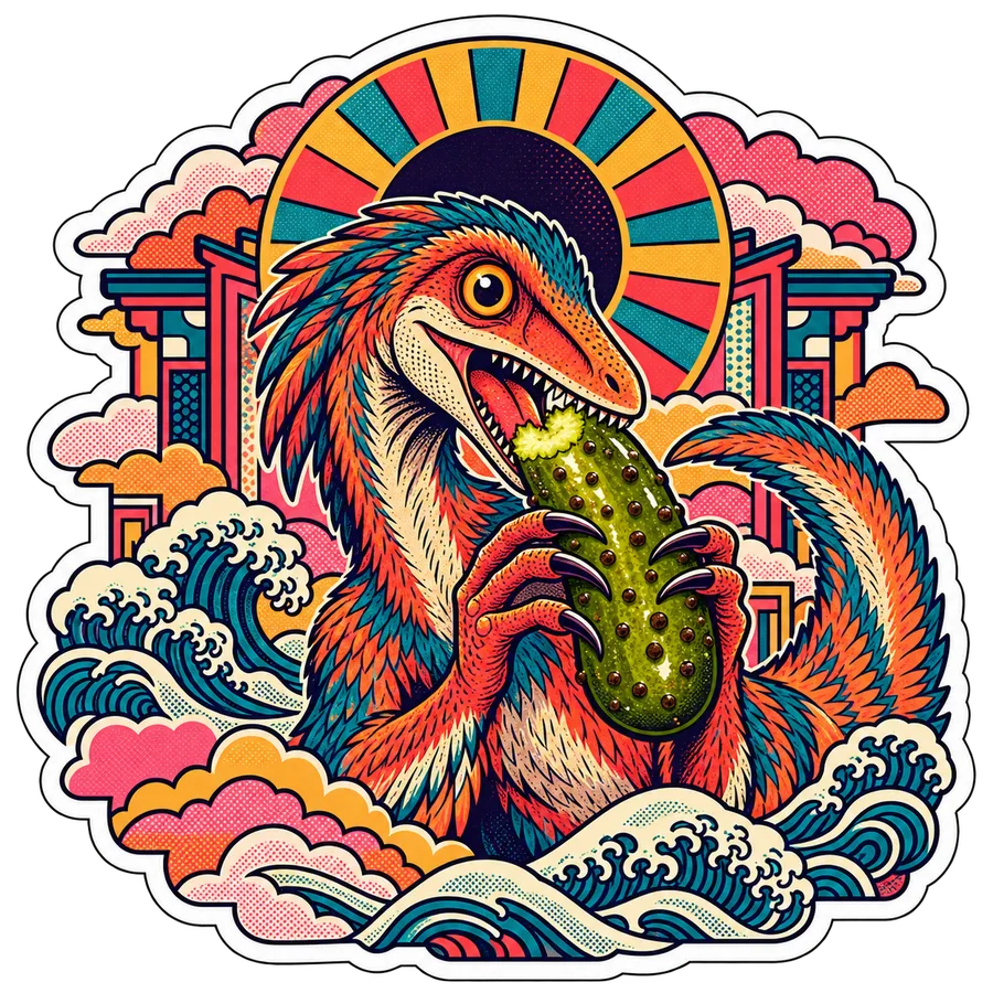 Troodon — Black-pepper dill dinosaur sticker, Kaiju Sunrise collection