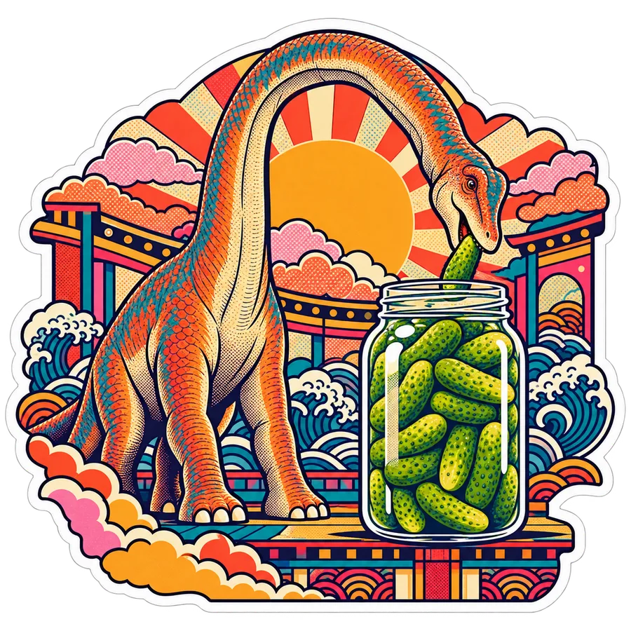 Brachiosaurus — Tall jar of baby dills dinosaur sticker, Kaiju Sunrise collection
