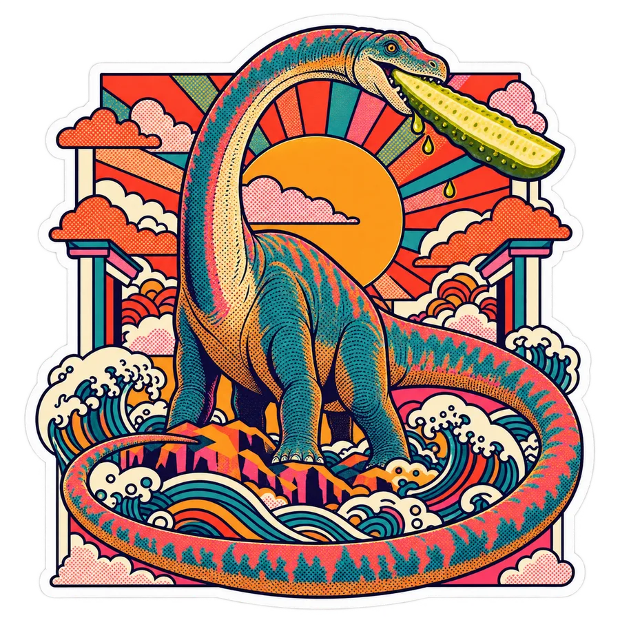 Diplodocus — Pickle spear in jaws dinosaur sticker, Kaiju Sunrise collection