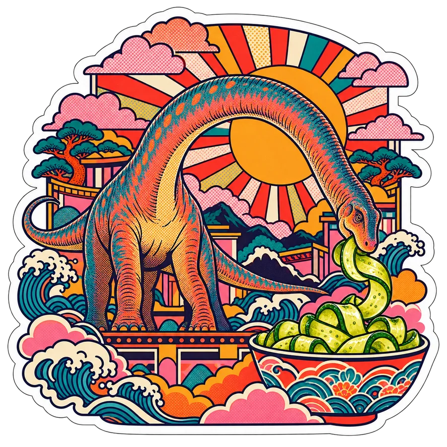 Mamenchisaurus — Pickle ribbon curls dinosaur sticker, Kaiju Sunrise collection
