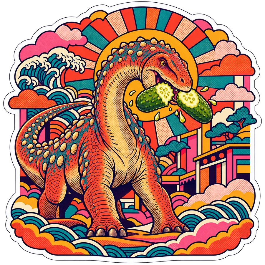 Saltasaurus — Pickle halves dinosaur sticker, Kaiju Sunrise collection