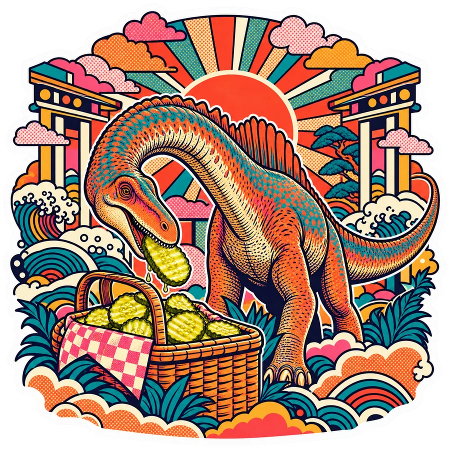 Jobaria — Sweet pickle chips dinosaur sticker, Kaiju Sunrise collection