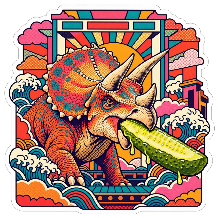 Triceratops — Pickle spear in mouth dinosaur sticker, Kaiju Sunrise collection