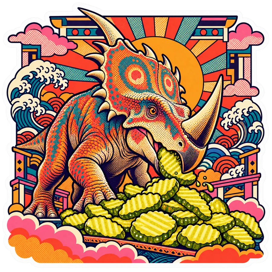 Centrosaurus — Crinkle-cut pickle chips dinosaur sticker, Kaiju Sunrise collection