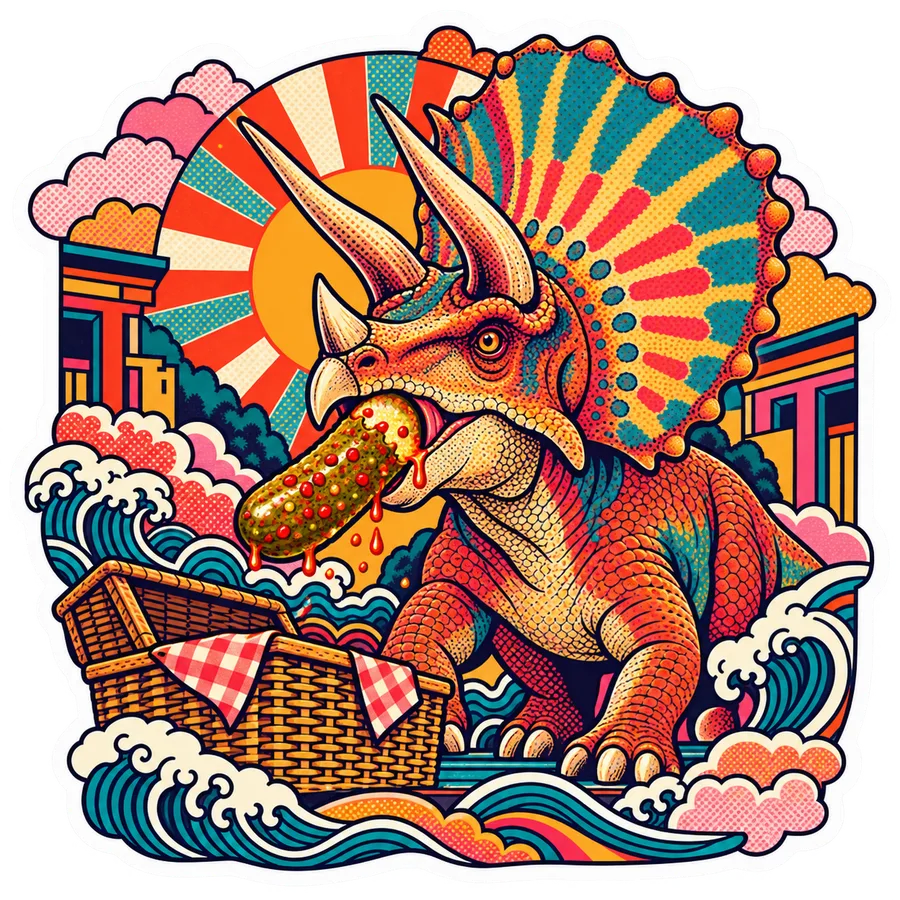 Torosaurus — Spicy red-pepper pickle dinosaur sticker, Kaiju Sunrise collection