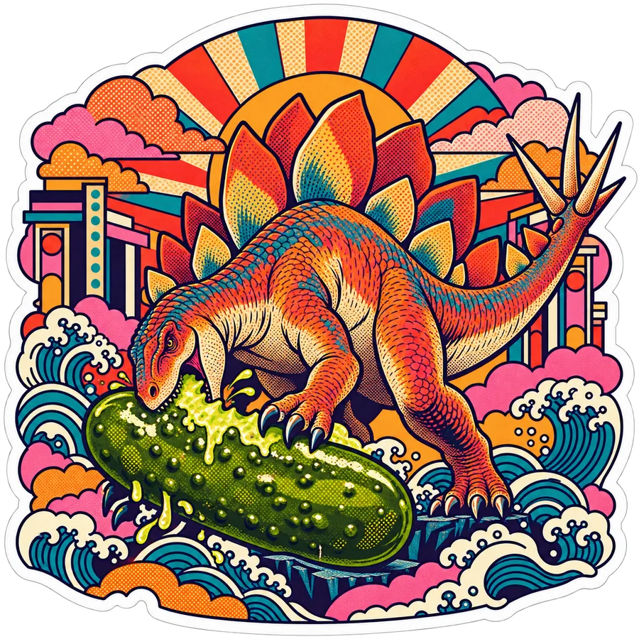 Stegosaurus — Giant dill pickle dinosaur sticker, Kaiju Sunrise collection