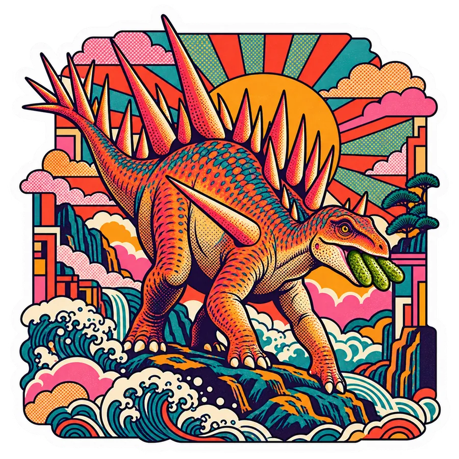 Kentrosaurus — Three tiny gherkins dinosaur sticker, Kaiju Sunrise collection