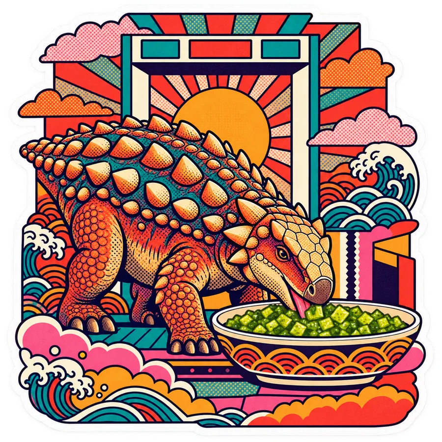 Nodosaurus — Pickle relish in bowl dinosaur sticker, Kaiju Sunrise collection