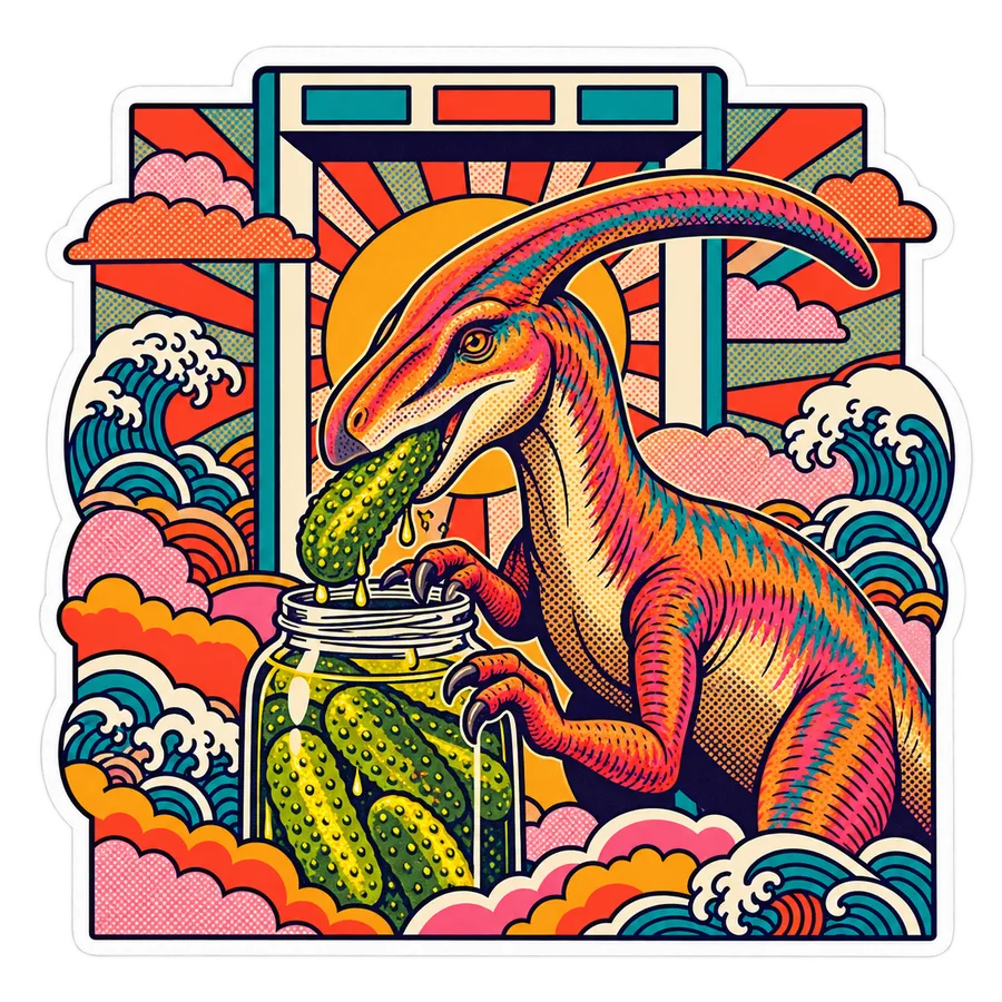 Parasaurolophus — Pickle from jar dinosaur sticker, Kaiju Sunrise collection