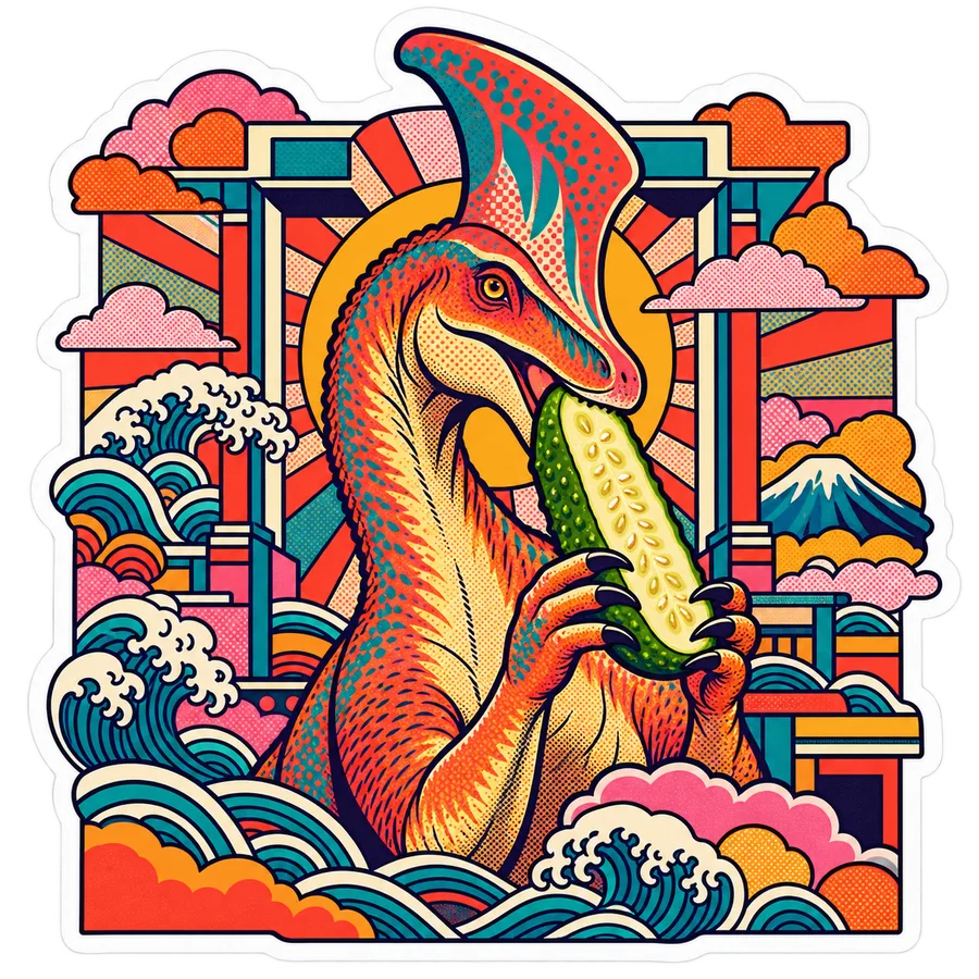 Lambeosaurus — Pickle half dinosaur sticker, Kaiju Sunrise collection