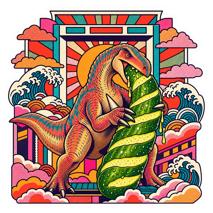 Iguanodon — Enormous spiral pickle dinosaur sticker, Kaiju Sunrise collection