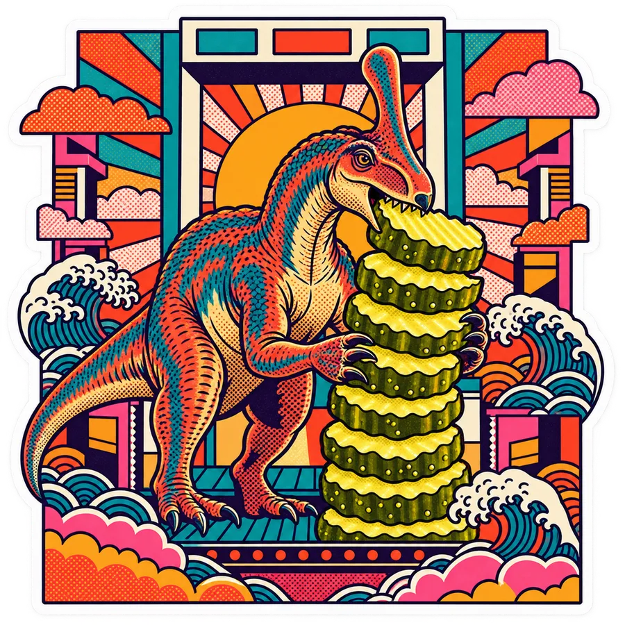 Tsintaosaurus — Crinkle-cut pickle stack dinosaur sticker, Kaiju Sunrise collection