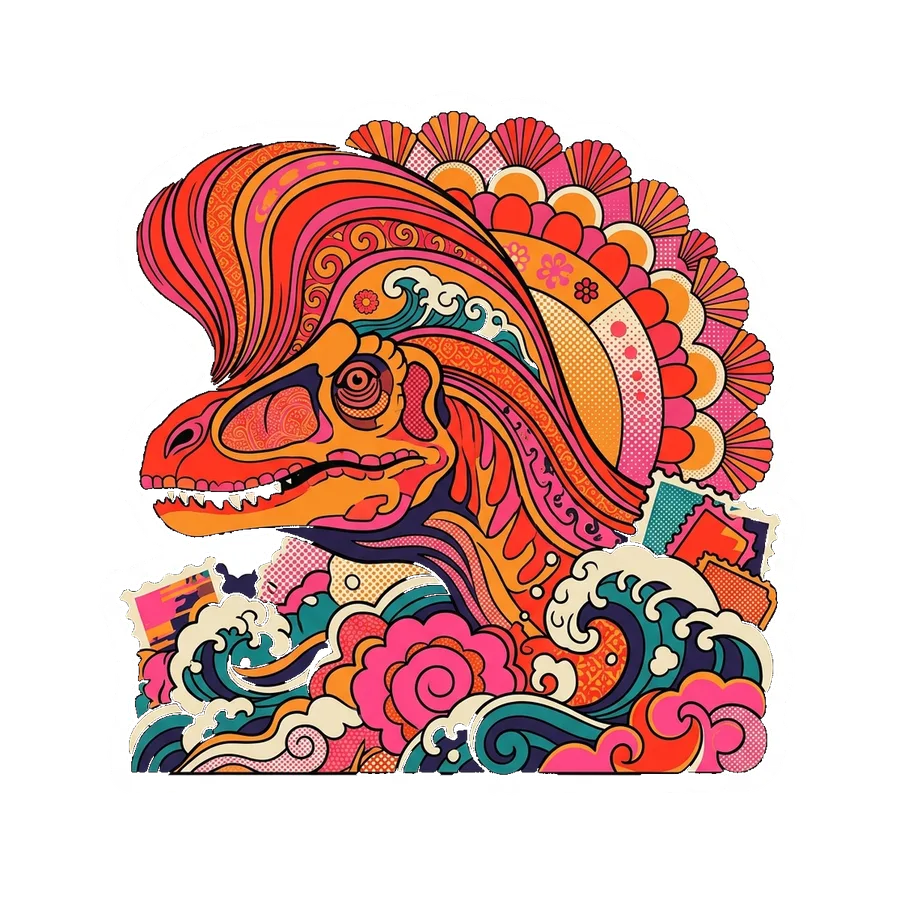 Cryolophosaurus — Scallop sun dinosaur sticker, Kaiju Sunrise collection