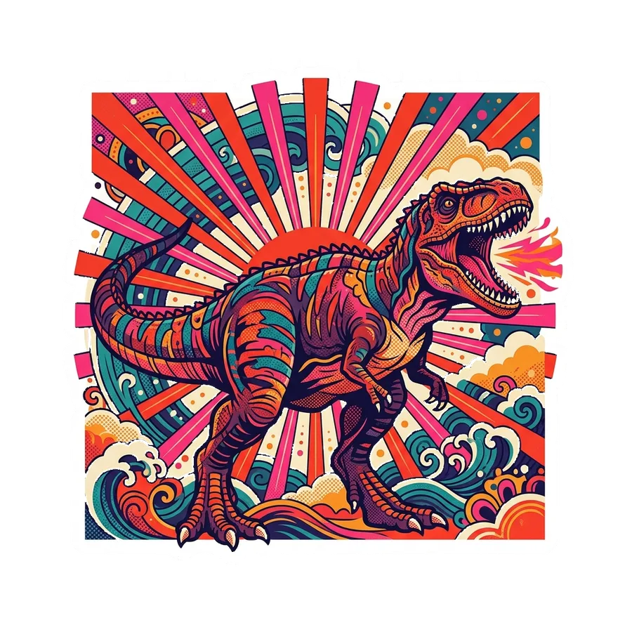 Giganotosaurus — Radiant sunburst dinosaur sticker, Kaiju Sunrise collection
