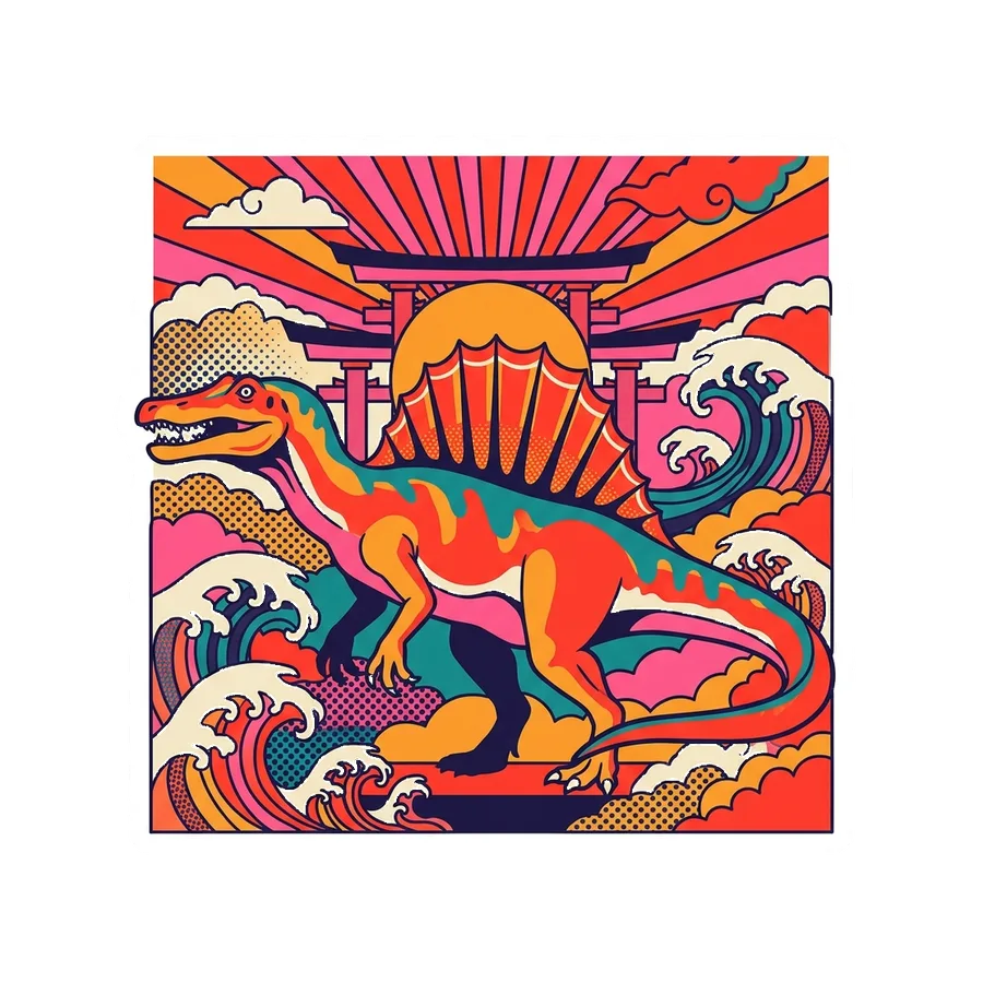 Spinosaurus — Shrine sun dinosaur sticker, Kaiju Sunrise collection
