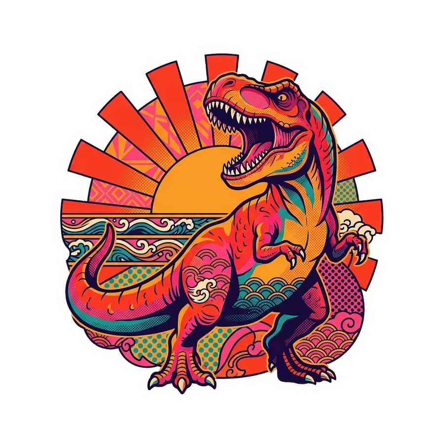 Tyrannosaurus — Rayed sun dinosaur sticker, Kaiju Sunrise collection