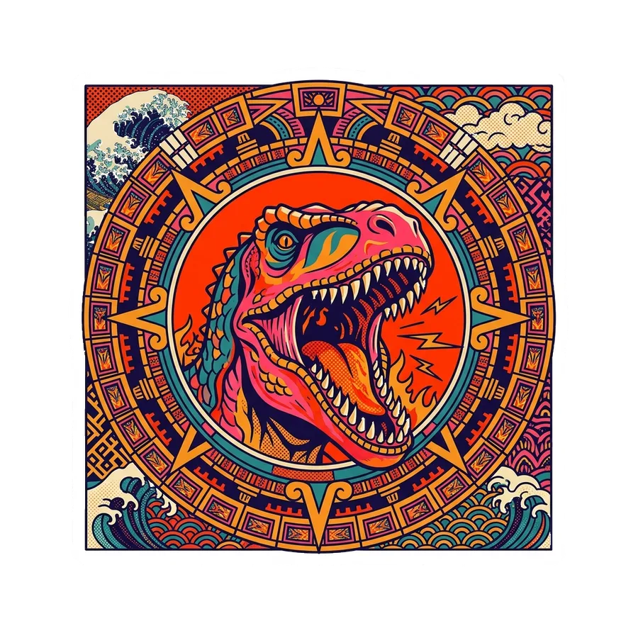Carcharodontosaurus — Aztec ring sun dinosaur sticker, Kaiju Sunrise collection
