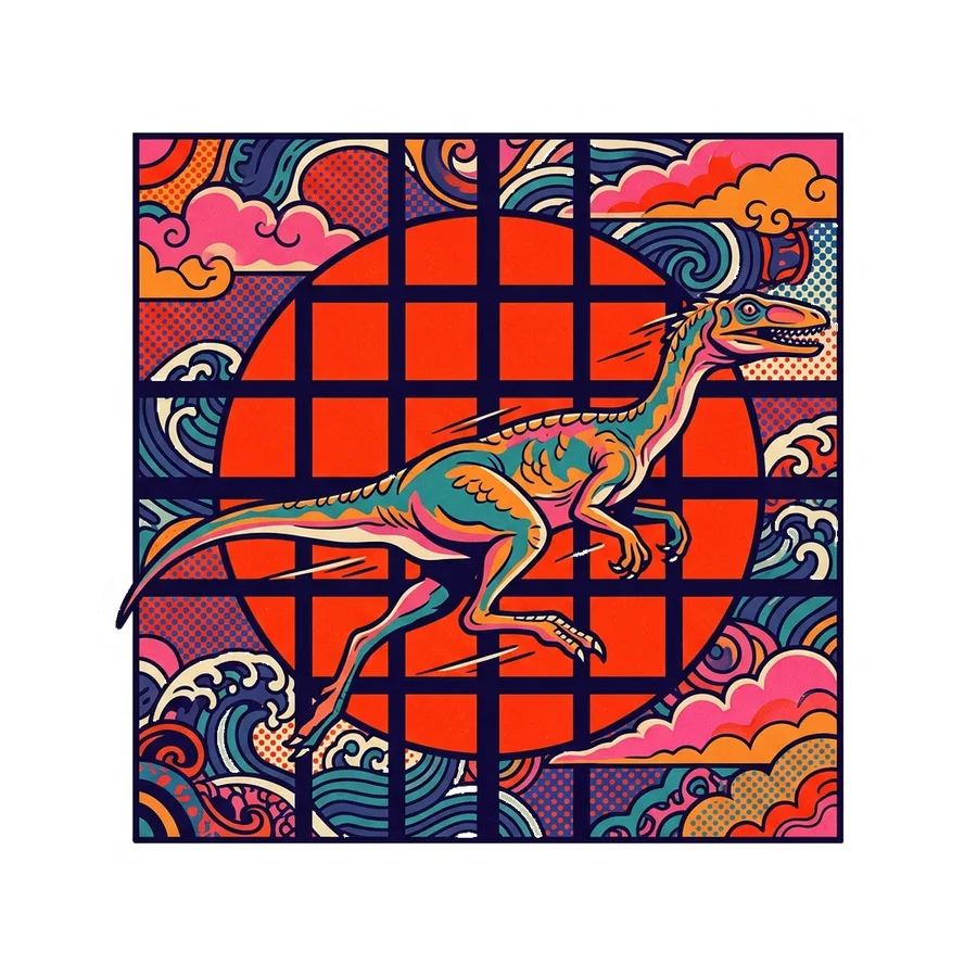 Coelophysis — Shoji grid sun dinosaur sticker, Kaiju Sunrise collection