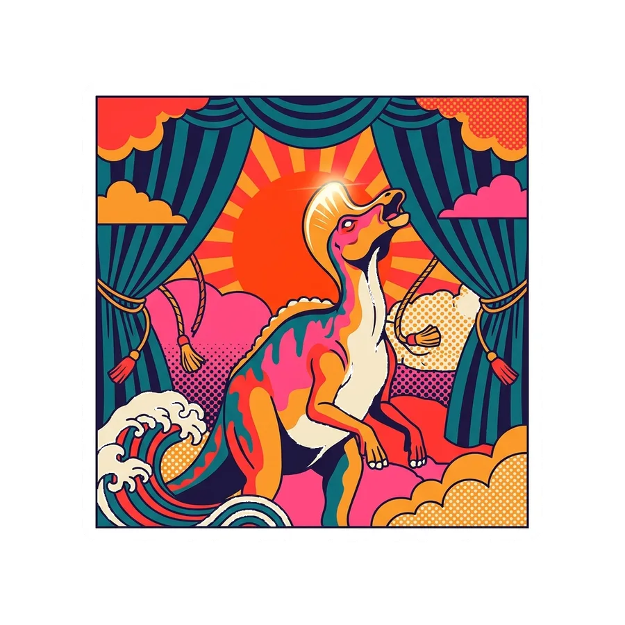 Corythosaurus — Kabuki curtain sun dinosaur sticker, Kaiju Sunrise collection