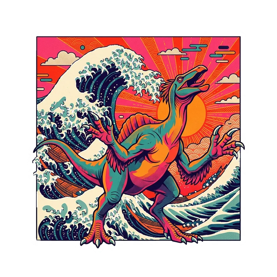 Deinocheirus — Wave barrel sun dinosaur sticker, Kaiju Sunrise collection