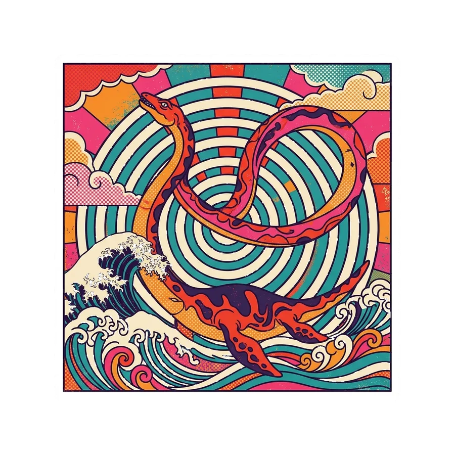 Elasmosaurus — Ripple ring sun dinosaur sticker, Kaiju Sunrise collection
