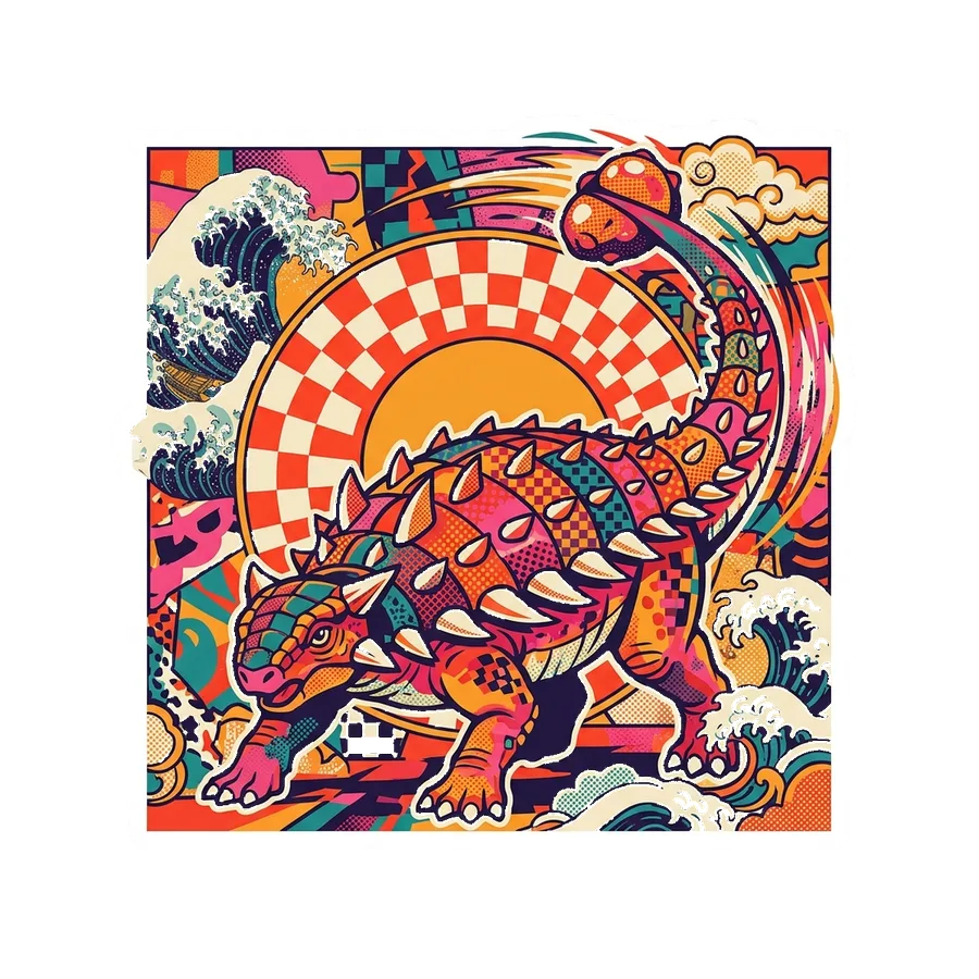 Euoplocephalus — Checkerboard sun dinosaur sticker, Kaiju Sunrise collection