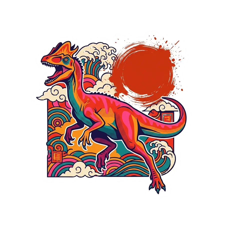 Guanlong — Brushstroke sun dinosaur sticker, Kaiju Sunrise collection