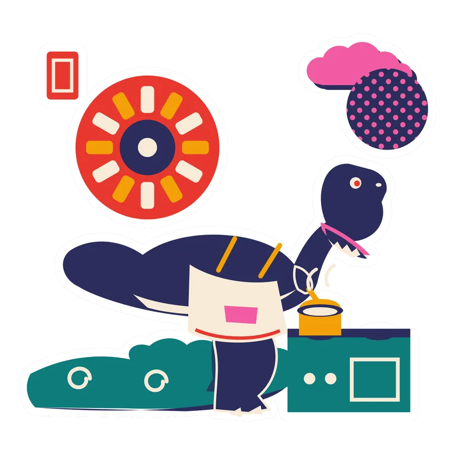 Giganotosaurus — Cooking dinner dinosaur sticker, Sunrise Flats collection