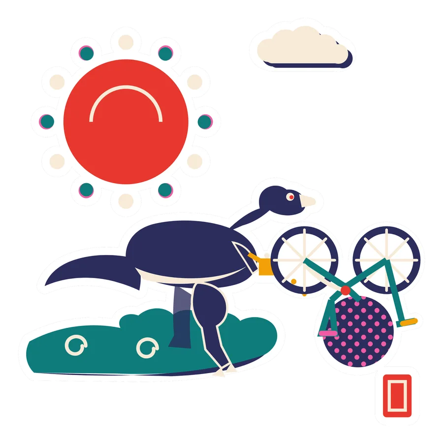 Ornithomimus — Oiling the bike dinosaur sticker, Sunrise Flats collection