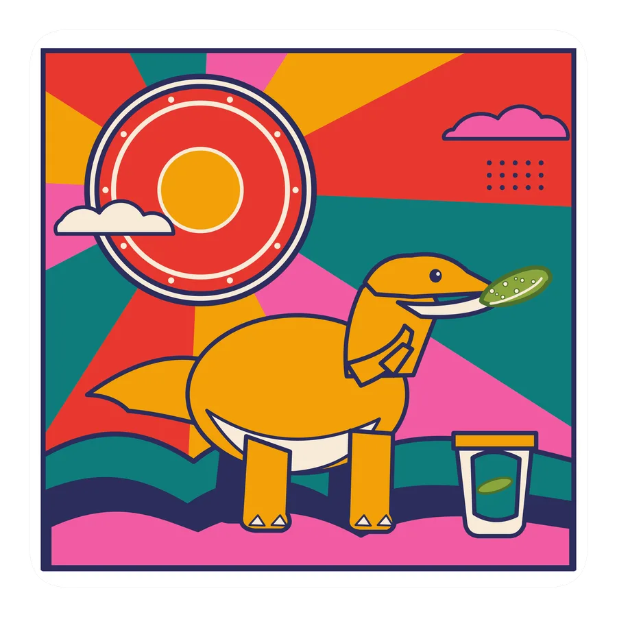 Albertosaurus — Eating a pickle dinosaur sticker, Sunrise Flats collection