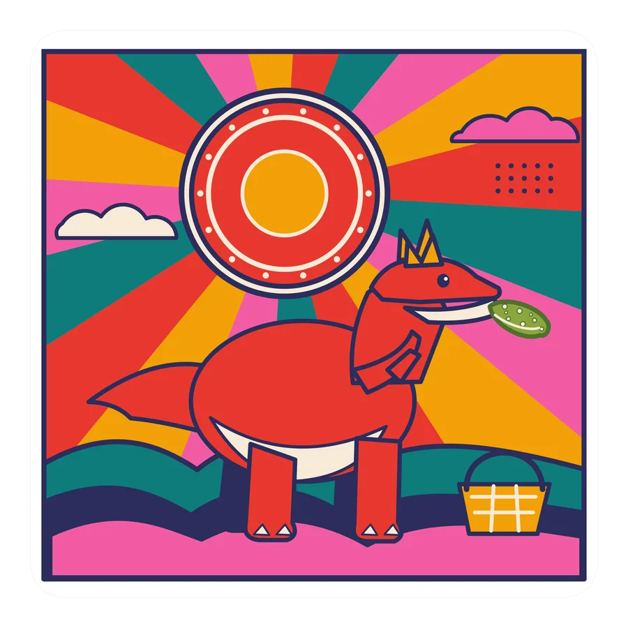 Allosaurus — Eating a pickle dinosaur sticker, Sunrise Flats collection