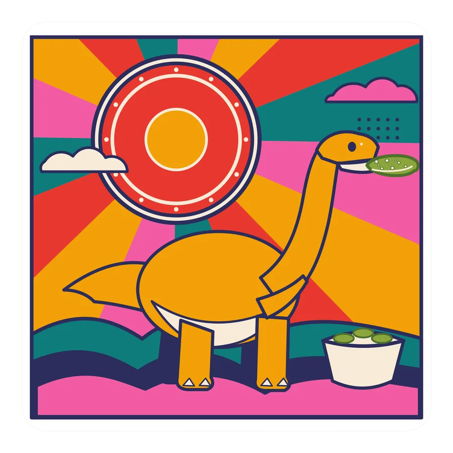 Apatosaurus — Eating a pickle dinosaur sticker, Sunrise Flats collection