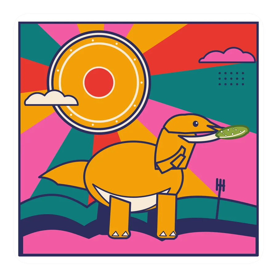 Baryonyx — Eating a pickle dinosaur sticker, Sunrise Flats collection