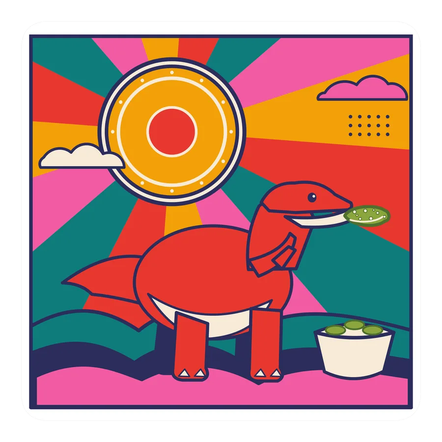 Carcharodontosaurus — Eating a pickle dinosaur sticker, Sunrise Flats collection