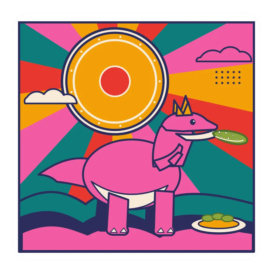 Carnotaurus — Eating a pickle dinosaur sticker, Sunrise Flats collection