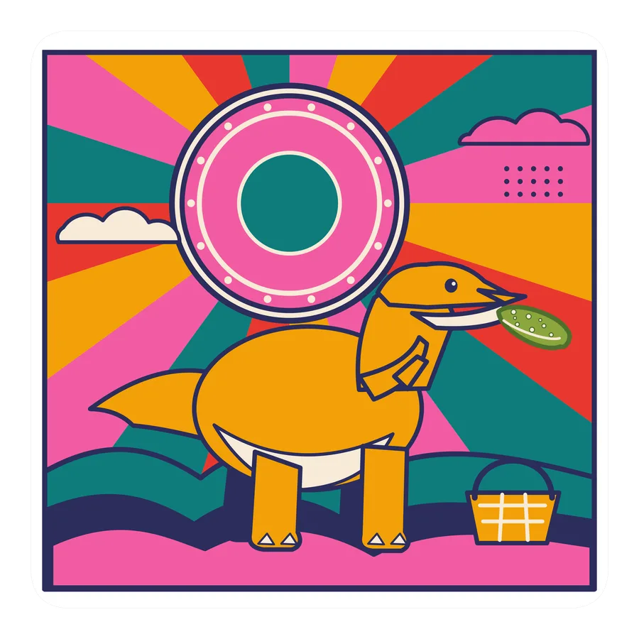 Coelophysis — Eating a pickle dinosaur sticker, Sunrise Flats collection