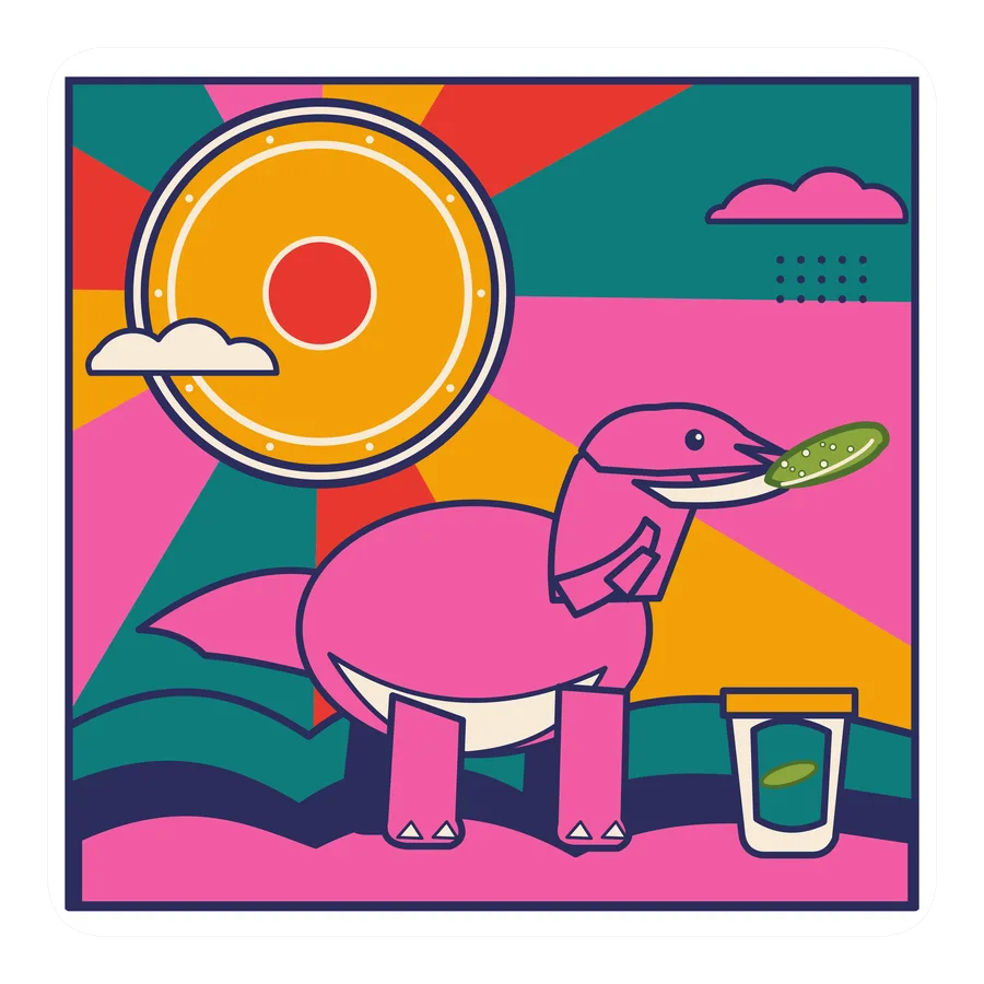 Compsognathus — Eating a pickle dinosaur sticker, Sunrise Flats collection