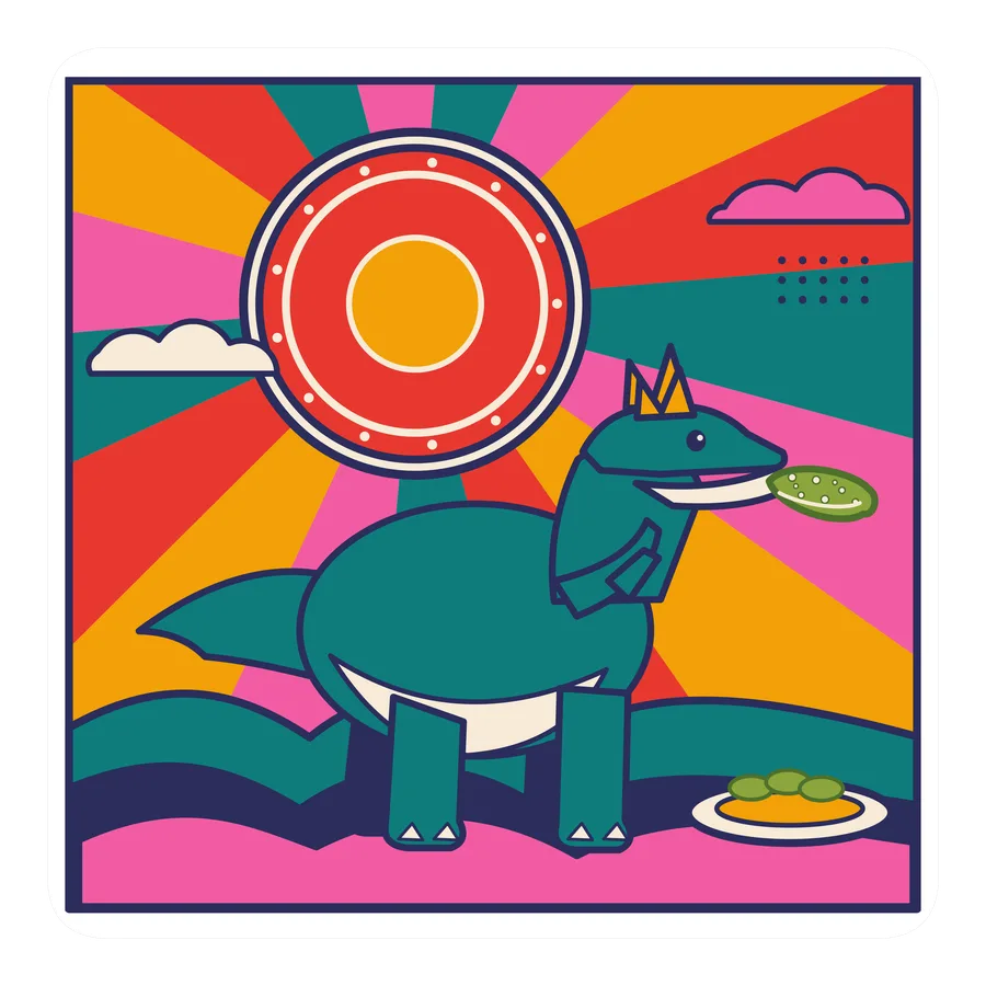 Cryolophosaurus — Eating a pickle dinosaur sticker, Sunrise Flats collection