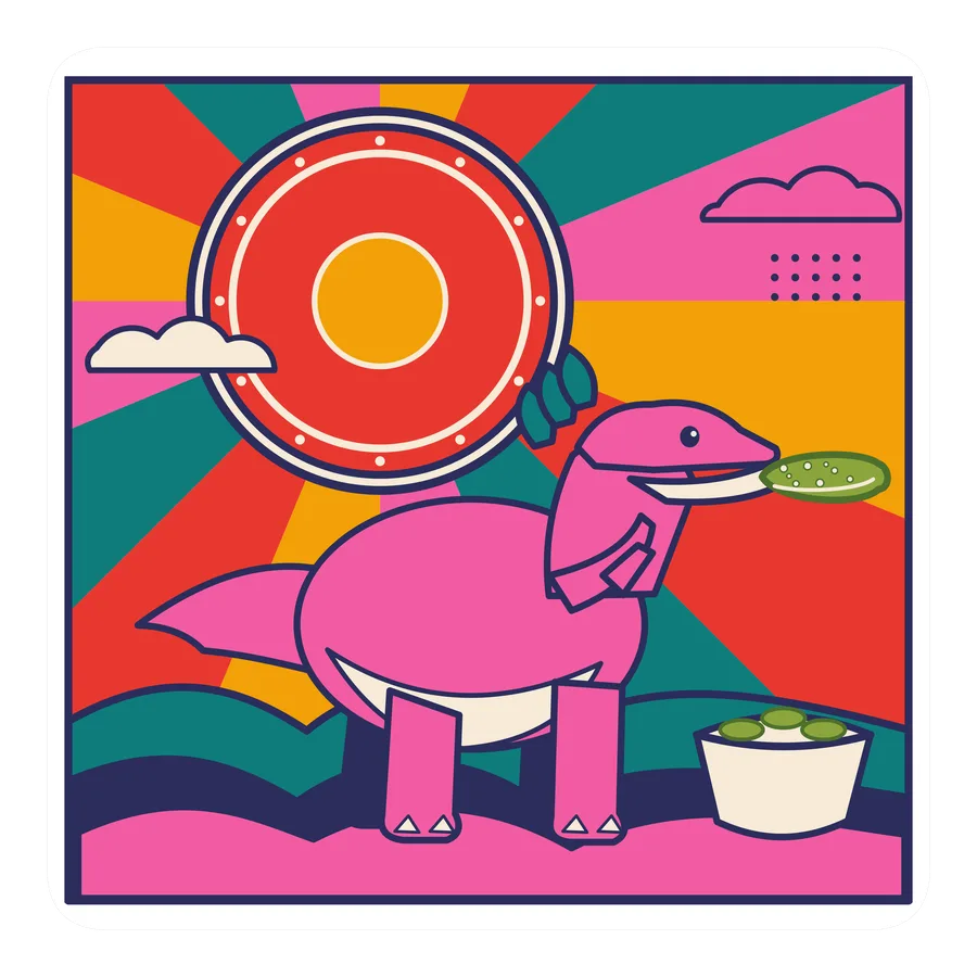 Deinonychus — Eating a pickle dinosaur sticker, Sunrise Flats collection