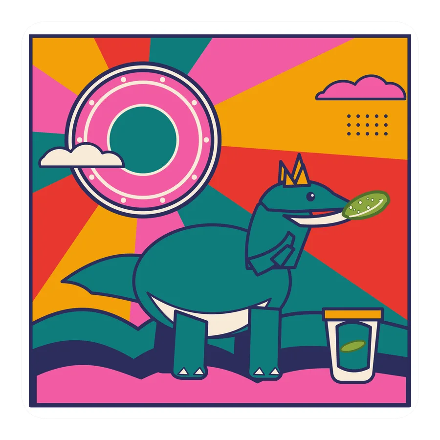 Dilophosaurus — Eating a pickle dinosaur sticker, Sunrise Flats collection