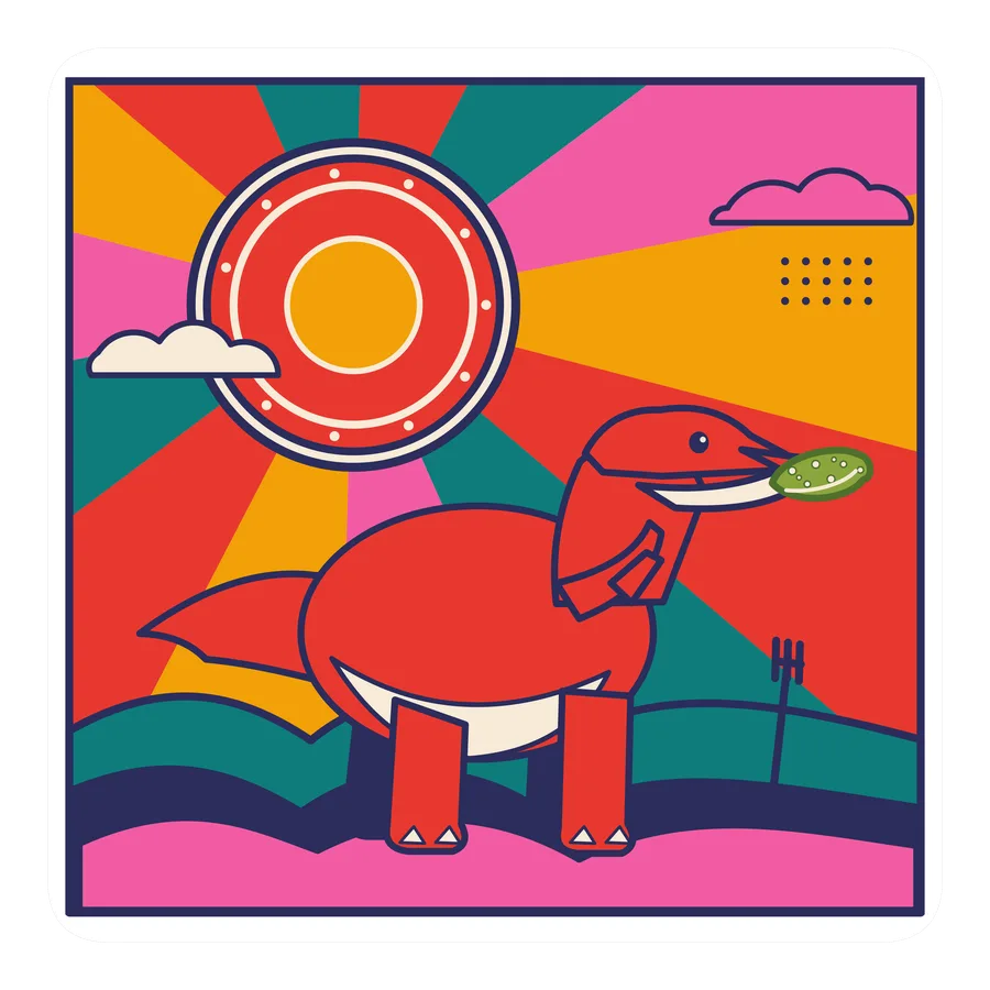 Gallimimus — Eating a pickle dinosaur sticker, Sunrise Flats collection