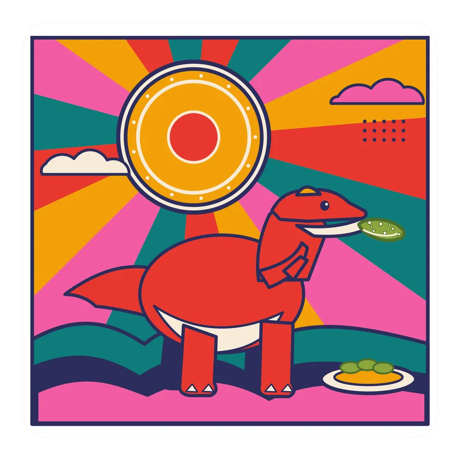 Iguanodon — Eating a pickle dinosaur sticker, Sunrise Flats collection