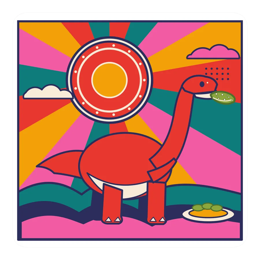 Jobaria — Eating a pickle dinosaur sticker, Sunrise Flats collection