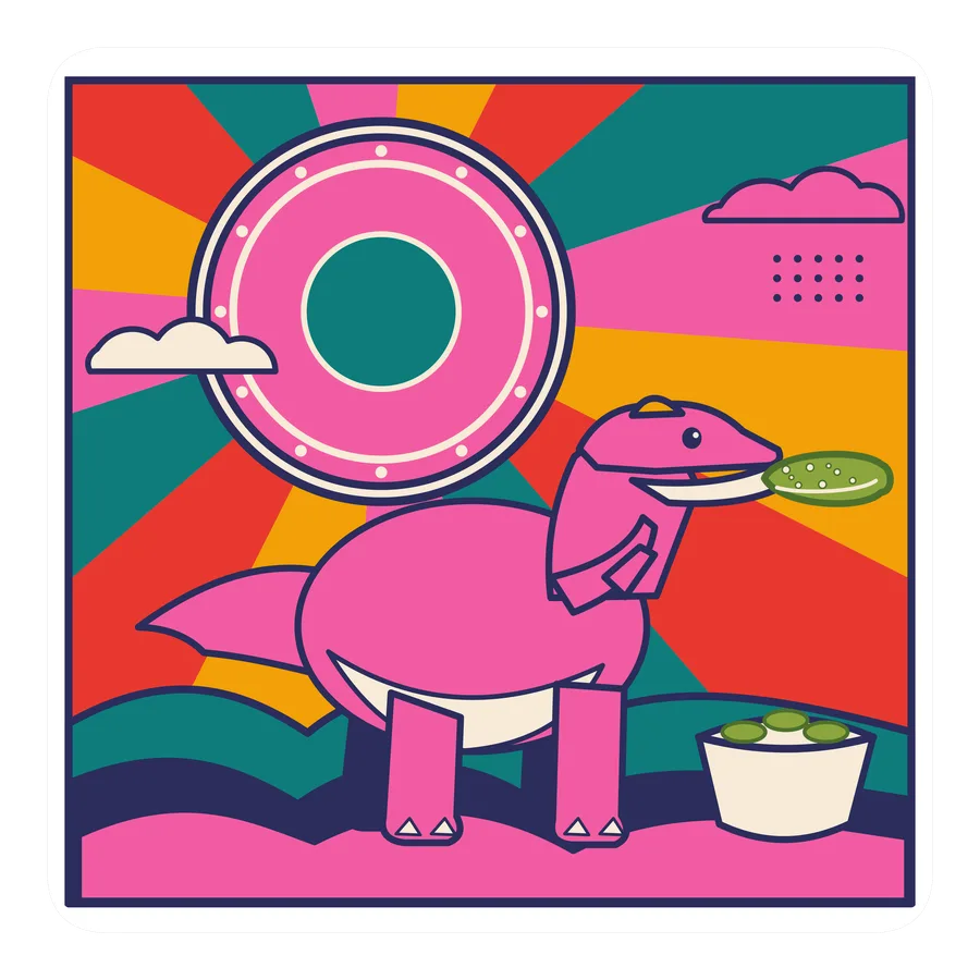Maiasaura — Eating a pickle dinosaur sticker, Sunrise Flats collection
